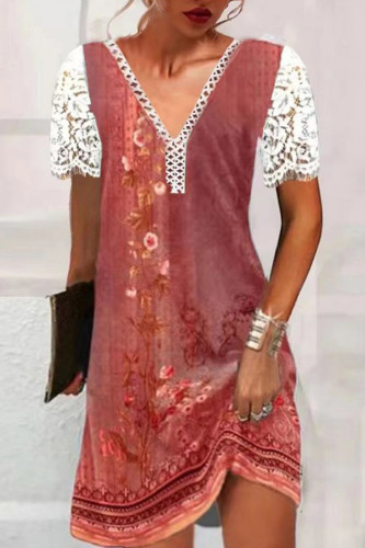 Red Casual Print Patchwork V Neck Short Sleeve Dress (Subject To The Actual Object)