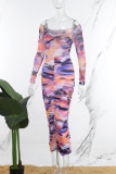 Multicolor Casual Print Fold O Neck Long Dress Dresses