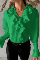 Tops casuales con cuello en V de patchwork sólido verde