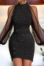 Svarta Casual Solid Patchwork Genomskinliga halva turtleneck långärmade klänningar