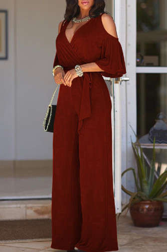 Burgundy Casual Solid Hollowed Out V Neck Regular Jumpsuits