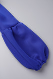 Patchwork solido blu elegante con abiti a trapezio con fiocco o collo
