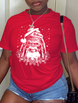 Camisetas cuello en O casual estampado vintage Papá Noel patchwork rojo