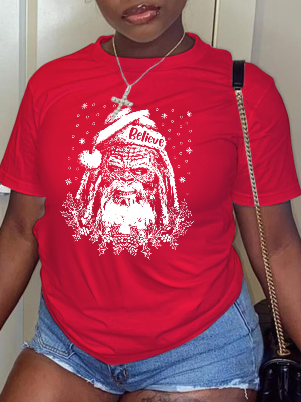 Red Casual Vintage Print Santa Claus Patchwork O Neck T-Shirts