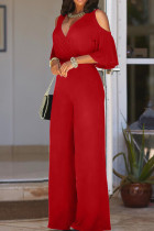 Red Casual Solid Hollowed Out V Neck Regular Jumpsuits