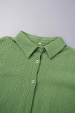 Verde Doce Sólido Patchwork Bolso Fivela Camisa Gola Manga Longa Duas Peças