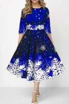 Koningsblauwe casual print patchwork O-hals A-lijn jurken