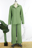 Vert doux solide Patchwork poche boucle col de chemise manches longues deux pièces