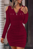 Burgundy Casual Solid Hollowed Out V Neck Long Sleeve Dresses