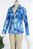 Royal Blue Casual Print Patchwork Turn-back Collar Outerwear