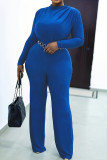 Blue Casual Solid Basic O Neck Plus Size Jumpsuits (Without Waist Chain)
