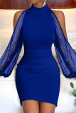 Azul casual sólido patchwork transparente meia gola alta vestidos de manga comprida