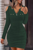 Army Green Casual Solid Hollowed Out V Neck Long Sleeve Dresses
