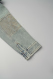 Giacca di jeans attillata a maniche lunghe con collo alto e patchwork solido casual sexy azzurro (soggetto all'oggetto reale)