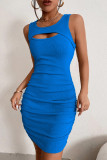Robe bleue décontractée, couleur unie, ajourée, col rond, sans manches
