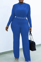 Blaue, lässige, einfarbige, schlichte Overalls mit O-Ausschnitt und Übergröße (ohne Taillenkette)