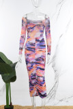 Flerfärgad Casual Print Vik O-hals långa klänningar