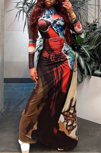 Colour Casual Print Basic O Neck Long Sleeve Dresses