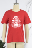 T-shirt rosse casual con stampa vintage Babbo Natale patchwork o collo