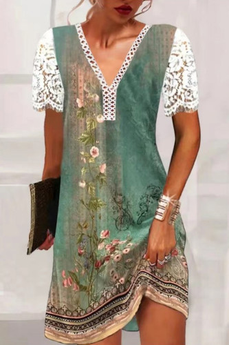 Green Casual Print Patchwork V Neck Short Sleeve Dress (Subject To The Actual Object)