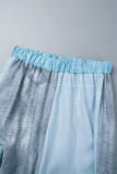 Calças retas de retalhos em bloco de cor de rua azul com bolso reto de cintura alta