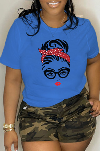 Camisetas con cuello en O y patchwork con estampado diario azul real