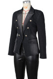 Black Celebrities Solid Patchwork Pocket Buckle Buttons Cardigan Collar Long Sleeve Regular Denim Jacket