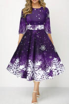 Фиолетовые повседневные платья в стиле пэчворк с круглым вырезом и принтом