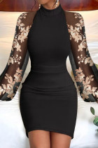 ブラック アプリコット カジュアル ソリッド パッチワーク シースルー ハーフ タートルネック 長袖 ドレス