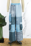 Calças retas de retalhos em bloco de cor de rua azul com bolso reto de cintura alta