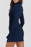 Azul casual sólido básico meia gola alta vestidos de manga comprida