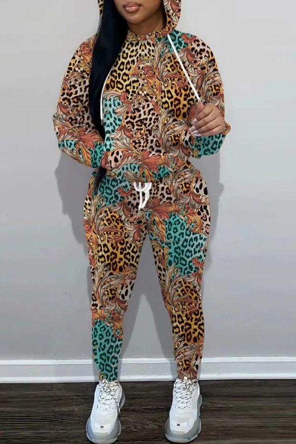 Estampado de leopardo Estampado casual Básico Cuello con capucha Manga larga Dos piezas