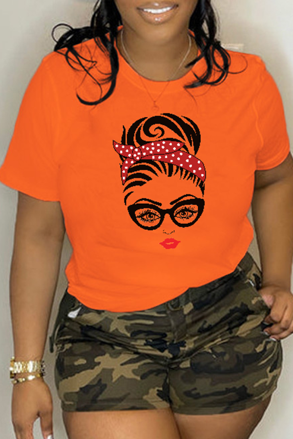 Orange Patchwork-T-Shirts mit O-Ausschnitt und täglichem Aufdruck