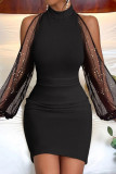 Черные повседневные однотонные лоскутные прозрачные платья с воротником до половины и длинными рукавами