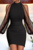 Чисто черные повседневные однотонные лоскутные прозрачные платья с воротником до половины и длинными рукавами