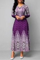 Пурпурные повседневные базовые платья с круглым вырезом и длинным рукавом с принтом
