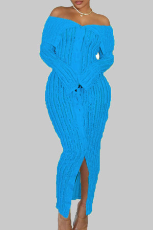 Hemelsblauwe elegante effen patchwork gesp off-the-shoulder lange jurkjurken