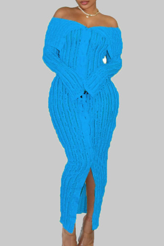 Vestido longo elegante azul celeste com fivela de retalhos sólidos fora do ombro