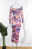 Flerfärgad Casual Print Vik O-hals långa klänningar