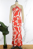 Красное сексуальное повседневное длинное платье с вырезом на спине и бретельками с принтом Платья