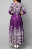 Пурпурные повседневные базовые платья с круглым вырезом и длинным рукавом с принтом
