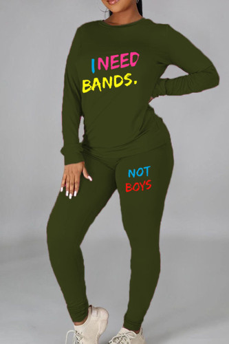Army Green Casual Print Patchwork O Neck Long Sleeve Two Pieces