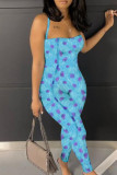 Blauw-paarse skinny jumpsuits met patchwork en spaghettibandjes met straatprint