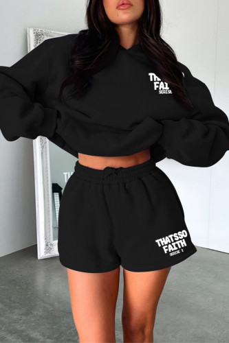 Black Casual Letter Print Basic Hooded Collar Long Sleeve Two Pieces