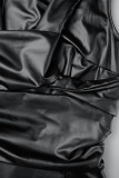 Schwarzes, lässiges, einfarbiges, ärmelloses Patchwork-Kleid mit Schlitz und O-Ausschnitt (ohne Handschuhe)