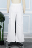 Белые повседневные однотонные лоскутные брюки с карманами и перекрестными ремнями, прямые однотонные брюки с высокой талией