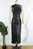 Black Casual Solid Patchwork Slit O Neck Sleeveless Dress (Without Gloves)