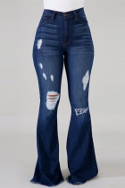 Dark Blue Fashion Casual Solid High Waist Regular Boot Cut Flare Ripped Denim Jeans