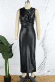 Zwart Casual effen patchwork Mouwloze jurk met split en O-hals (zonder handschoenen)