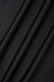 Vestidos de manga larga con cuello oblicuo y pliegue sólido informal negro